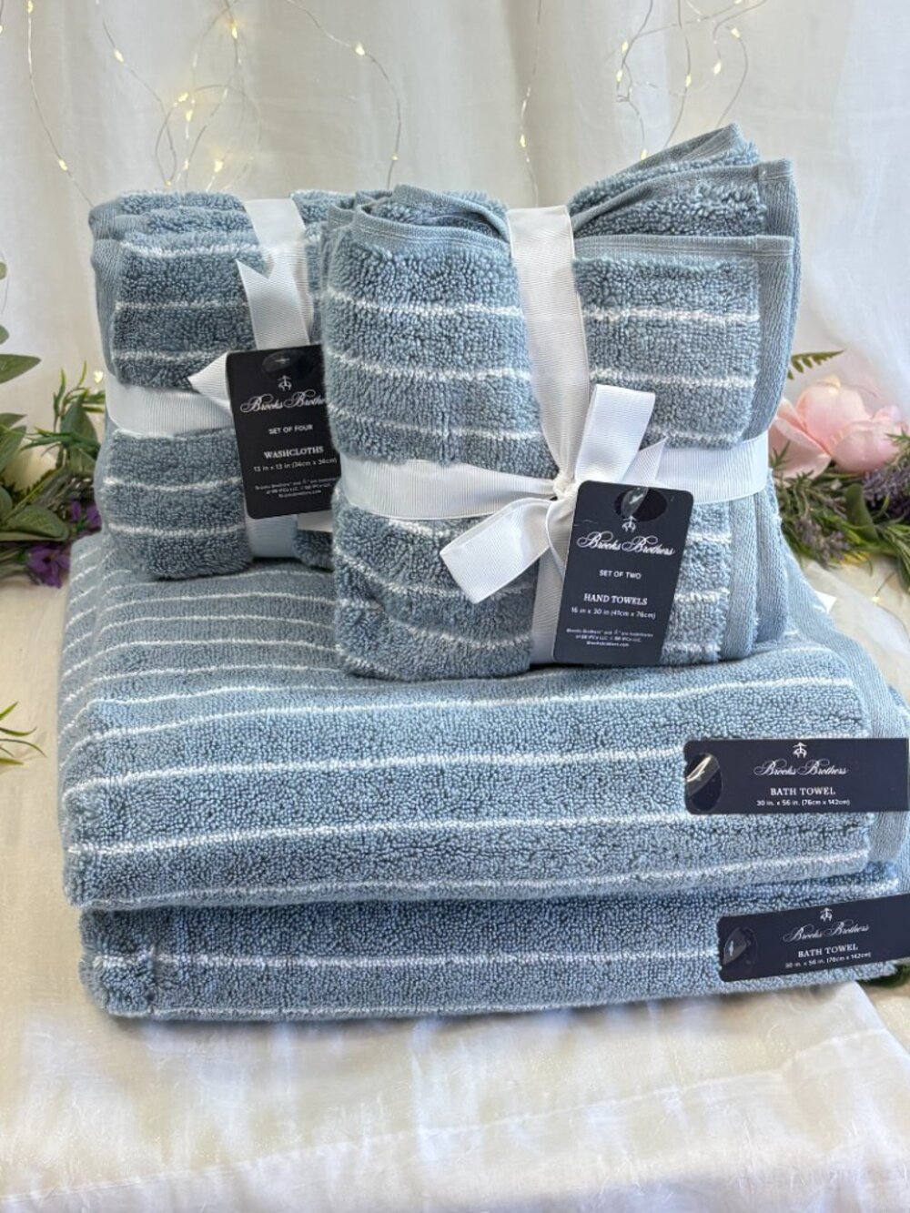 8pc BROOKS BROTHERS Premium Turkish Towels Set Striped French Blue White New